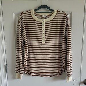 NWT Blu Pepper Striped Henley Top in Cream and Brown Large